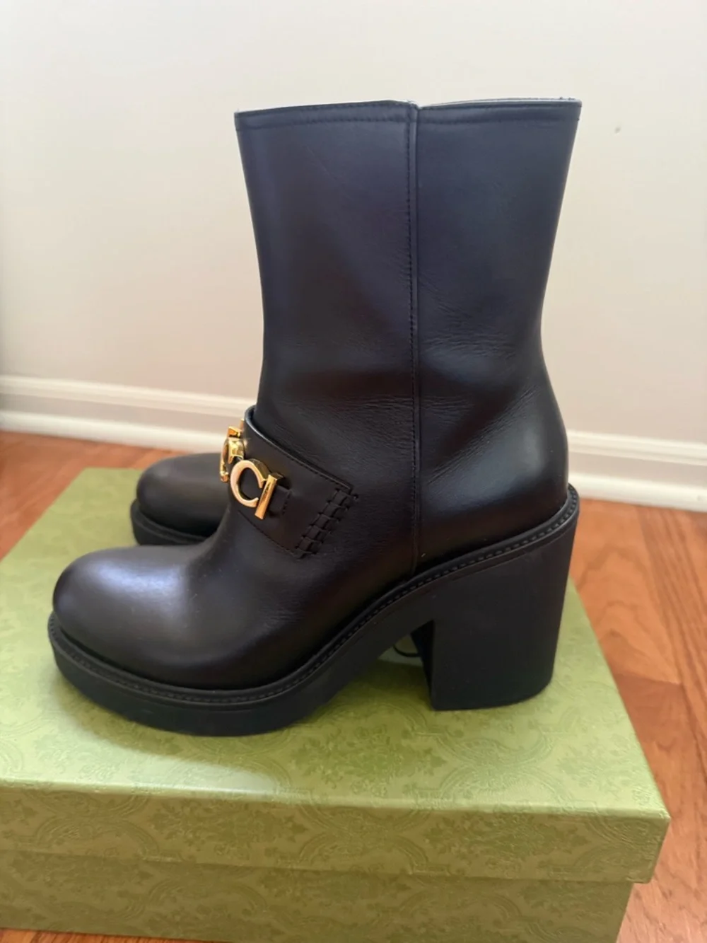Gucci Black Leather Ankle Boots with Gold Logo Strap - Picture 3 of 9